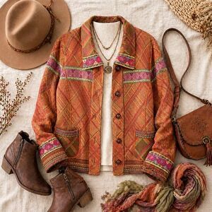Coldwater Creek Tapestry Jacket L Artsy Boho Lagenlook Woven Button Front Pocket